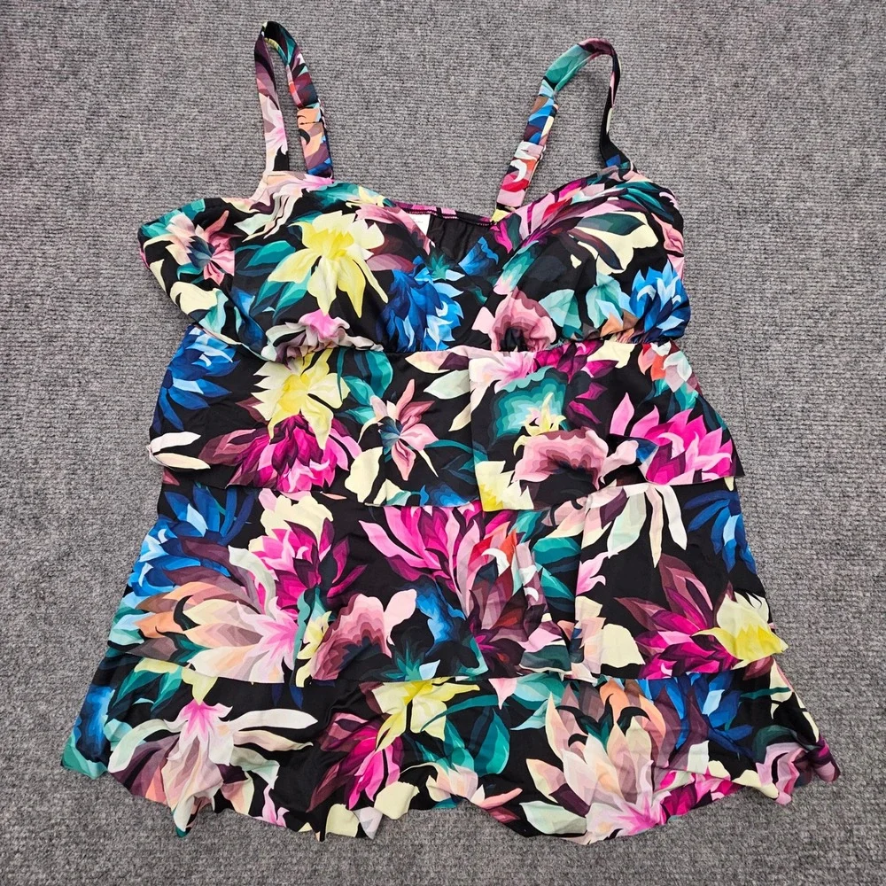 Swim Solutions Women Tankini Triple Tier‎ Floral Bust Support Black Multi 22W